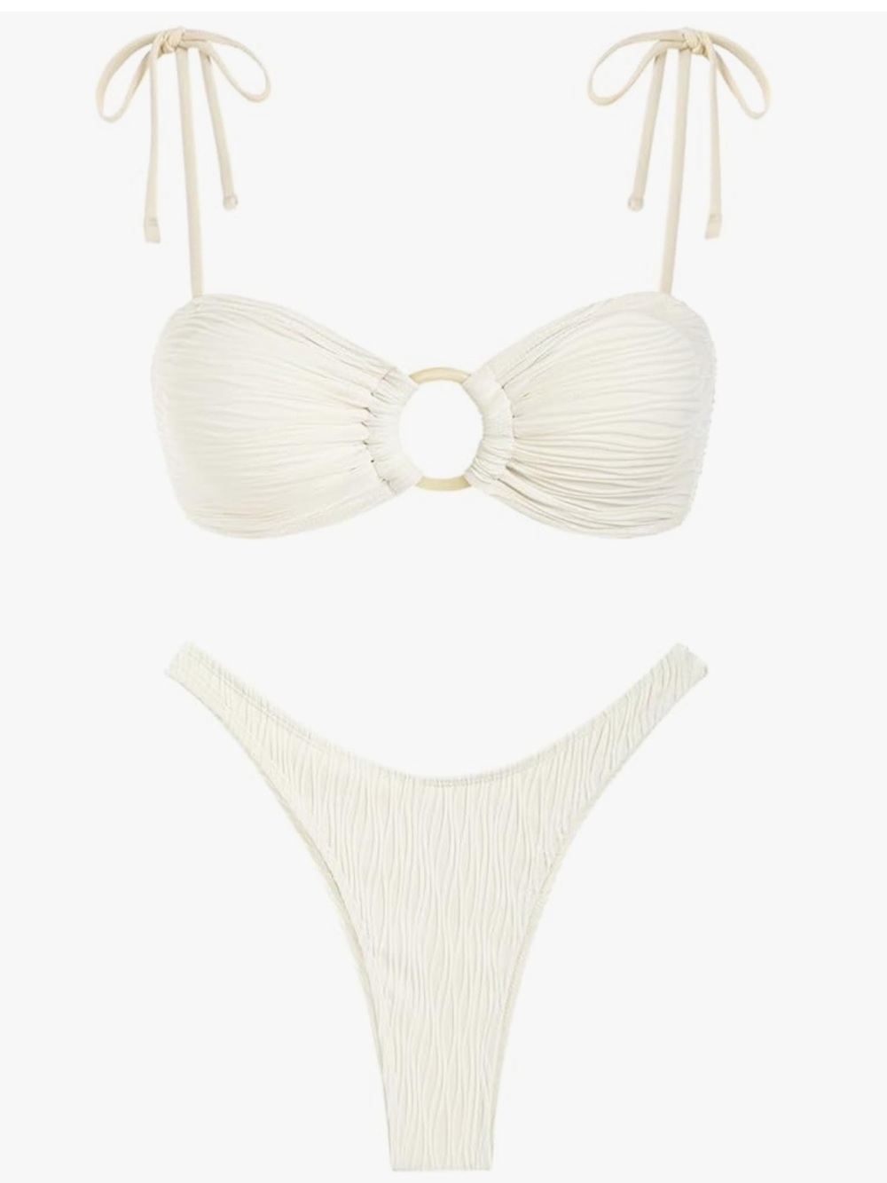 Zaful Cream Ruched Bandeau Bikini Set with Ring